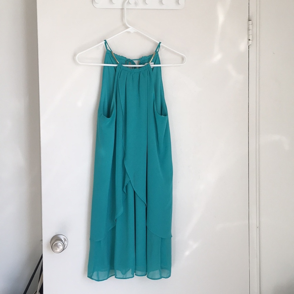 High-neck teal dress